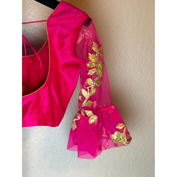 Vibhaa Blouse Womens Pink Gold‎ Zari Embroidered Sheer Flared Sleeves Scoop Neck - Picture 9 of 11